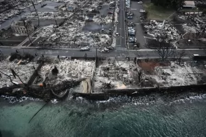 An aerial image taken on Aug. 10, 2023 shows destroyed homes and buildings in Lahaina in western Maui, Hawaii. PATRICK T. FALLON/AFP VIA GETTY IMAGES